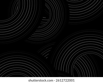 Black background with abstract design of black and white gradient circular stripes. The 3d circular pattern consists of repeating curved lines, creating a sense of movement and depth.