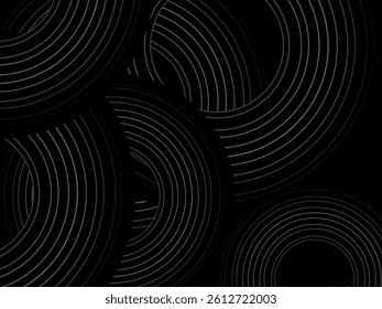 Black background with abstract design of black and white gradient circular stripes. The 3d circular pattern consists of repeating curved lines, creating a sense of movement and depth.