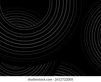 Black background with abstract design of black and white gradient circular stripes. The 3d circular pattern consists of repeating curved lines, creating a sense of movement and depth.