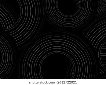 Black background with abstract design of black and white gradient circular stripes. The 3d circular pattern consists of repeating curved lines, creating a sense of movement and depth.
