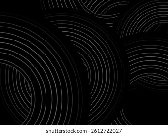 Black background with abstract design of black and white gradient circular stripes. The 3d circular pattern consists of repeating curved lines, creating a sense of movement and depth.