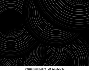 Black background with abstract design of black and white gradient circular stripes. The 3d circular pattern consists of repeating curved lines, creating a sense of movement and depth.