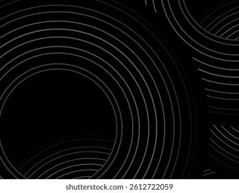 Black background with abstract design of black and white gradient circular stripes. The 3d circular pattern consists of repeating curved lines, creating a sense of movement and depth.