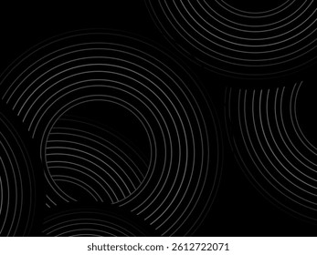 Black background with abstract design of black and white gradient circular stripes. The 3d circular pattern consists of repeating curved lines, creating a sense of movement and depth.