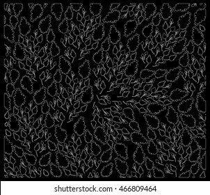 Black background with abstract floral elements resembling lilac flowers