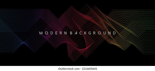 Fondo negro con diseño abstracto geométrico y ondulado de líneas en color arcoiris. Ilustración del vector