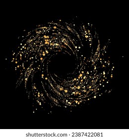 Black background abstract gold circle, gold confetti glitters in a circle.