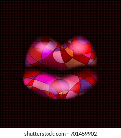black background and abstract large colored mouth consisting of lines with red drops