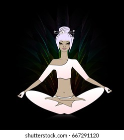 black background and abstract pink-haired girl in a meditation yoga