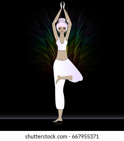 black background and abstract pink-haired girl in a meditation yoga