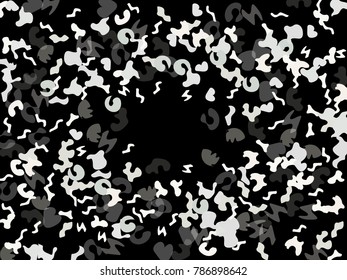 Black background. Abstract print pattern. Vector illustration for celebration, party, holiday, invitation and Your project. Chaotic Decor. Modern Creative Style.