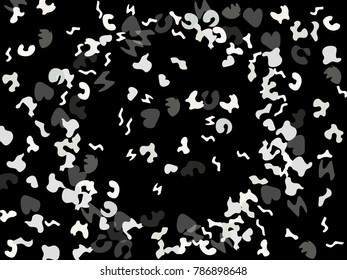 Black background. Abstract print pattern. Vector illustration for celebration, party, holiday, invitation and Your project. Chaotic Decor. Modern Creative Style.