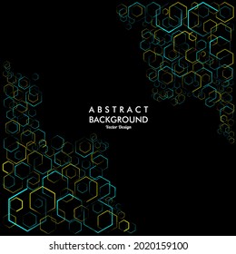 Black background with abstract random hexagon lines in yellow and light blue colors. Vector illustration