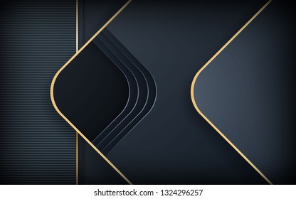 Black Background. Abstract realistic rounded layered decoration textured with golden list. 3D backdrop. Modern design vector illustration. Cover layout template.