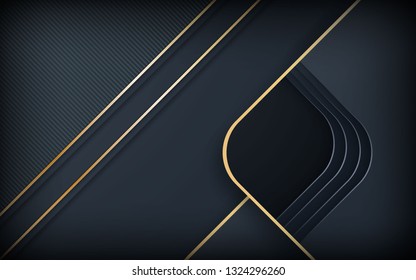 Black Background. Abstract realistic rounded layered decoration textured with golden list. 3D backdrop. Modern design vector illustration. Cover layout template.