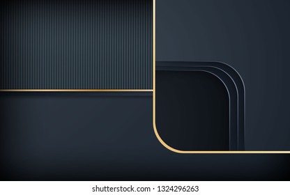 Black Background. Abstract realistic rounded layered decoration textured with golden list. 3D backdrop. Modern design vector illustration. Cover layout template.