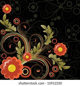 Black background with  abstract red flowers and   leaves