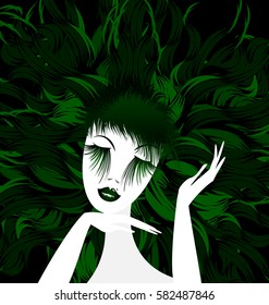 black background and abstract white green-haired womans head