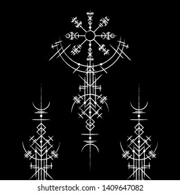 Black background with abstract white magic ancient symbols