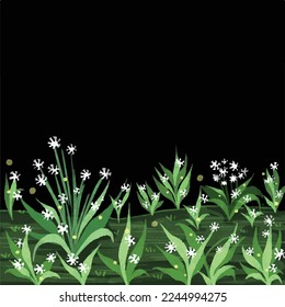 Black background with aesthetic design. Natural abstract white flower plants with green leaves. Isolated vector background for social media post, paper note print, sticker, and other purposes.