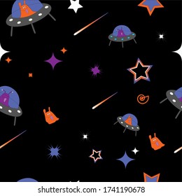 black background with aliens on flying saucers, stars, spirals, comets, geometric seamless pattern, funny aliens