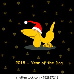 Black background with amusing yellow dog in Santa hat, snowflakes and text. Banner with Chinese astrological sign. Symbol of 2018. Cartoon character.