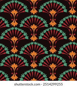 Fundo preto com um padrão de fãs inspirado em art deco em vermelho, laranja e verde. O design arrojado e simétrico apresenta formas de ventilador estilizadas, criando uma sensação vibrante e retrô, perfeito para tecidos.