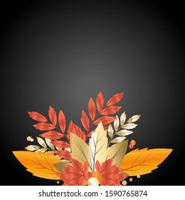 Black background of an autumn wreath. Garland of autumn orange plants