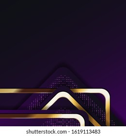 Black background banner design. Gold lines are angular and light purple with empty space design. Elegant vector template 2020