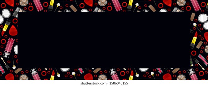 Black background banner with seamless pattern of pink lip gloss, pocket mirror, lipsticks, cleanser, hair bands, eyeshadow palettes and applicators. Place for text, vector.