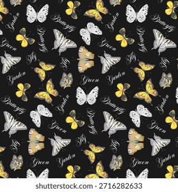 Fondo negro con hermosas mariposas y textos. Patrón sin fisuras de Vector con hermosas mariposas y textos sobre un fondo negro.