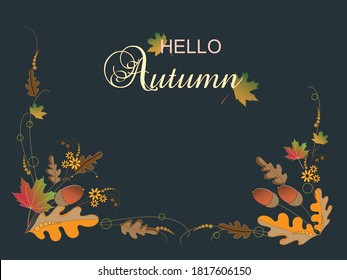 Black background for blank with autumn maple and oak leaves. Nature template for design of banner, ticket, leaflet, card, poster and other.