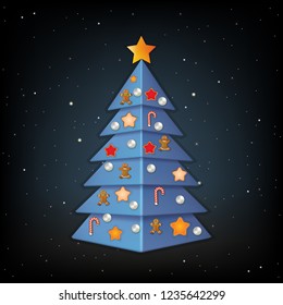 black background with blue Christmas tree and decorations