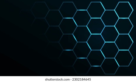 Schwarzer Hintergrund mit blauem Neon-Hexagon-Raster. hellblühender Hintergrund.