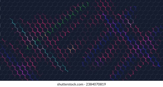 Black background with blue neon hexagon grid. Glowing hex background. eps 10