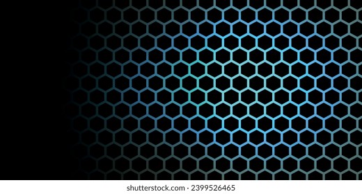 Black background with blue neon hexagon grid. Glowing hex background. with lamp light