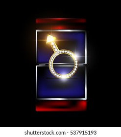 black background, blue and red gift box with jewel male pendant Mars Arrow