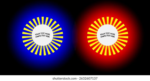 Black background with blue and red light balls and with white circle space for text in the center, Vector rays background