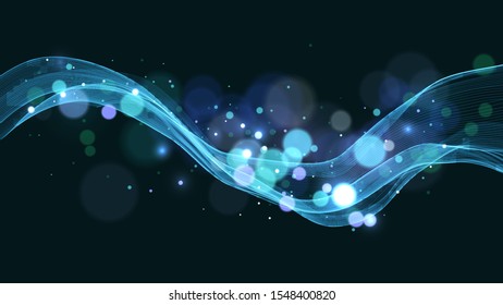 Black background with blue wave, blue blurred dust, sparks, abstract background with bokeh effect