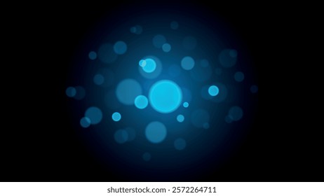 Black background with blur circles, blue circles in bokeh style, glowing blue bokeh circles, abstract light blur effect, blurry overlay template, confetti light, holiday powder dust for cards