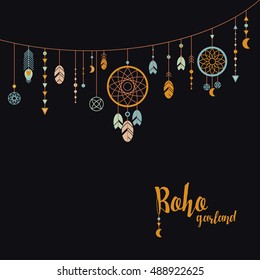Black background with boho garland. Template in boho style. Garland with feathers, dreamcatcher, beads and pendants.