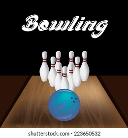 a black background with a bowling ball, text and a group of bowling pins