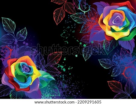 Black background with bright, artistically drawn, iridescent roses with glowing leaves. Rainbow rose.