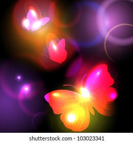 Black Background With Bright  Butterflies, Vector Illustration
