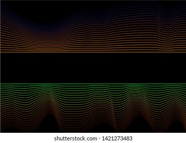 Black background with bright curved stripes and empty space in the middle. Background with stripes of different colors.