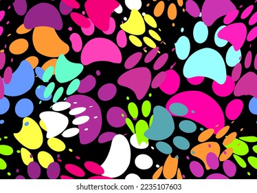 black background with a bright multicolored seamless abstract pattern in the form of paw prints. colored paw prints on a black background. vector background illustration. print for fabric, jackets,t-s