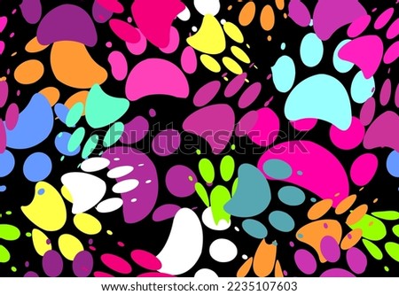black background with a bright multicolored seamless abstract pattern in the form of paw prints. colored paw prints on a black background. vector background illustration. print for fabric, jackets,t-s