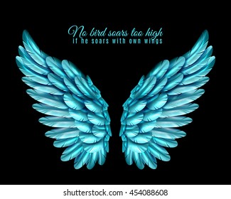 Black background with bright pair of big bird wings of blue color in middle and quotation realistic vector illustration