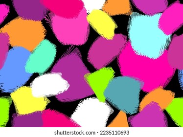 black background with a bright seamless abstract pattern. colored uneven spots,like soft clouds, pieces of wool on a black background. vector background illustration. print for fabric, jackets,t-shirt