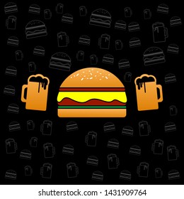 
black background with burger motifs and drinks